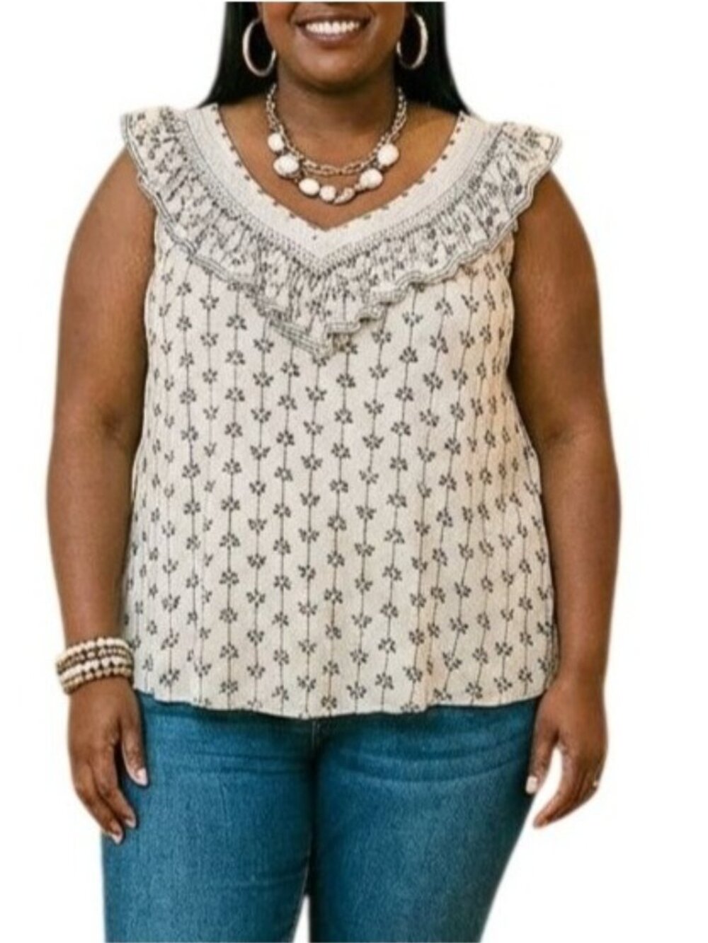 Faded Glory Size XL Sleeveless Ruffle V-Neck Top Black Floral Print Lace Detail